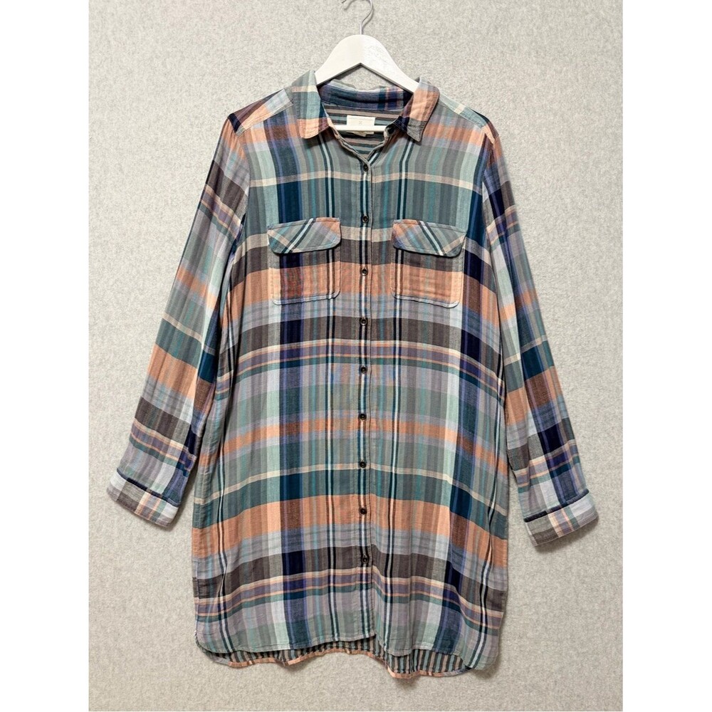 Caslon Plaid Button Up Gauze Shirtdress Size Large Blue Cotton Coastal Cowgirl